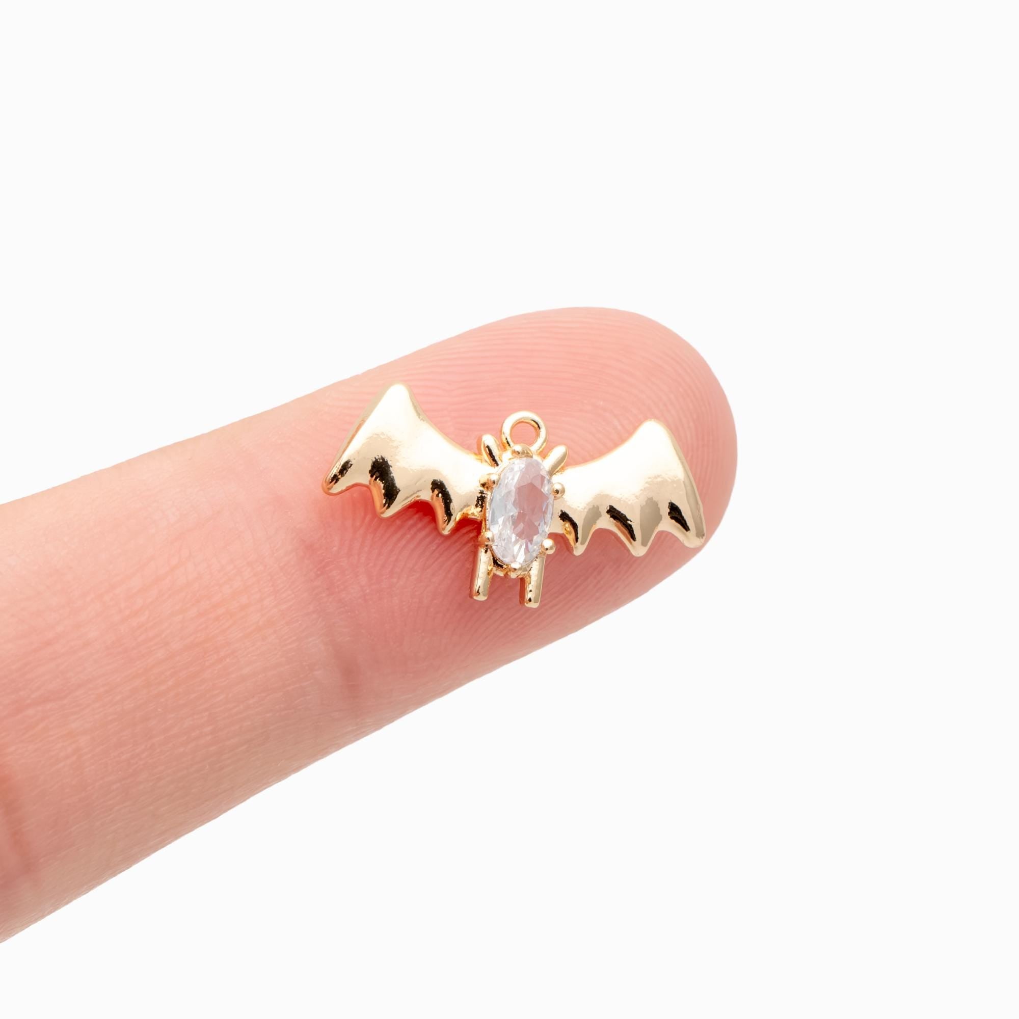 4pcs CZ Pave Gold Bat Charms, Real Gold plated Brass Halloween Charm (GB-4719)